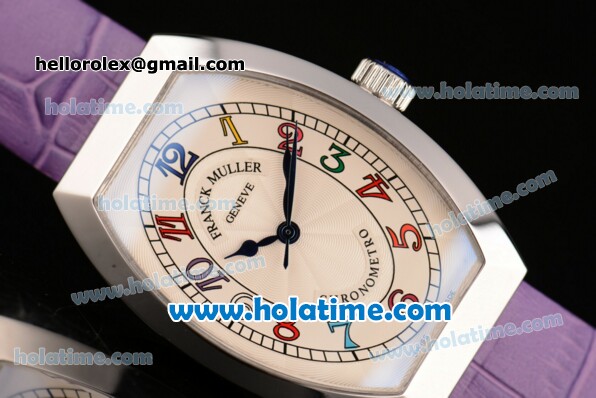 Franck Muller Chronometro Miyota Quartz Steel Case with Diamond Bezel Purple Leather Bracelet and Colorful Numeral Markers - Click Image to Close